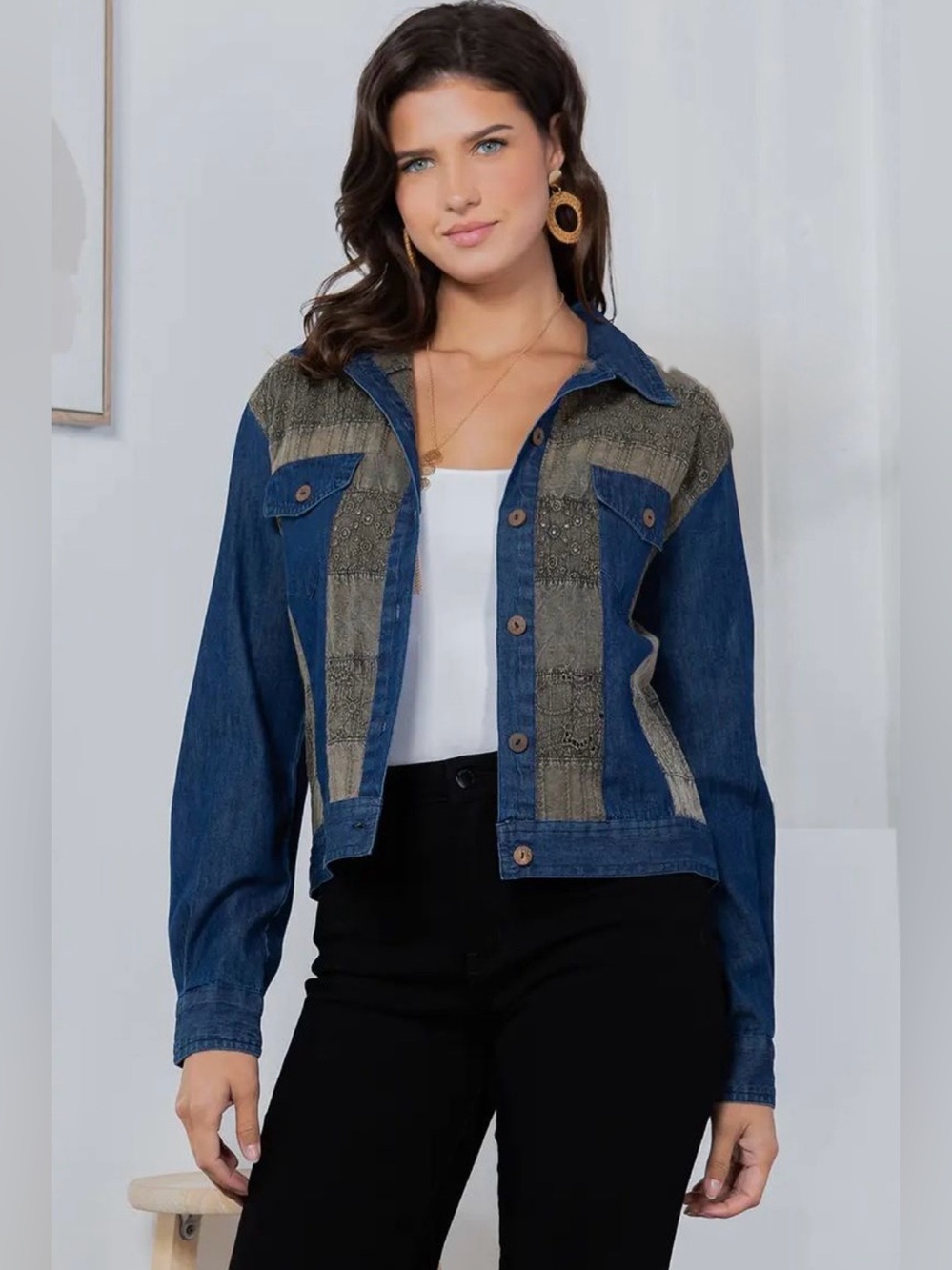 NWOT Young Threads Blue Denim Patchwork Jacket Gray/Olive Panel Details Size SM